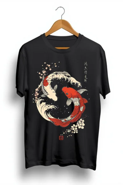 fish cherry blossoms black tshirt