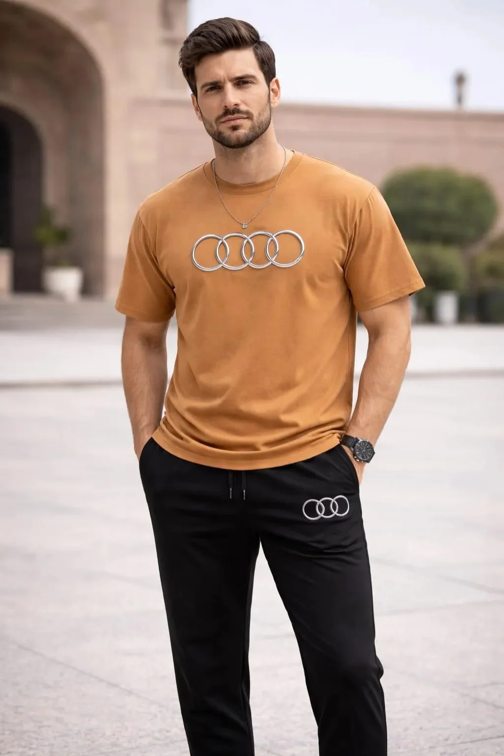 men audi logo brown black track suit