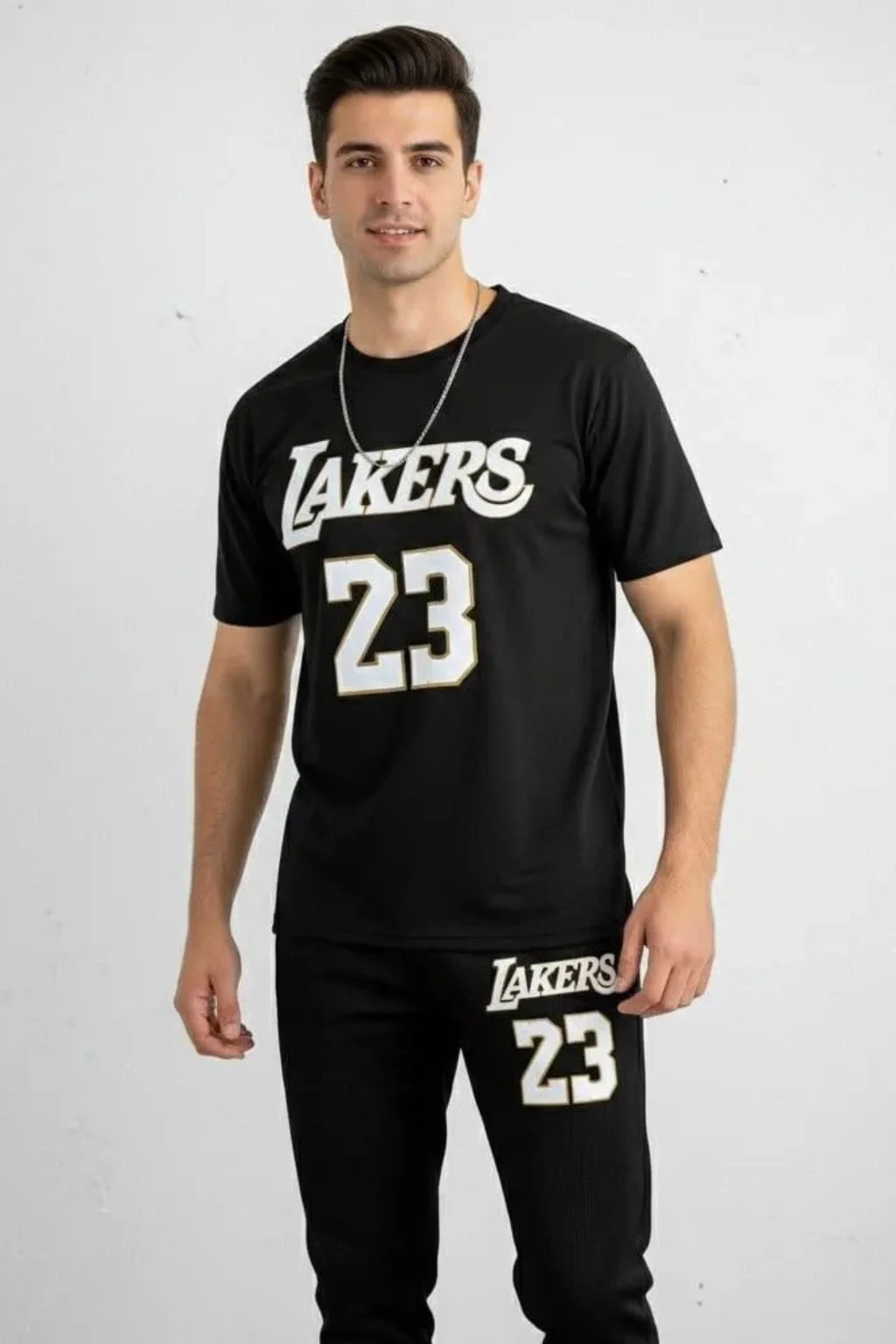 Men Black Lakers 23 Track Suit Set Cotton Summer
