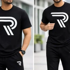 Men Black R-Logo Cotton Track Suit Set Slim Fit