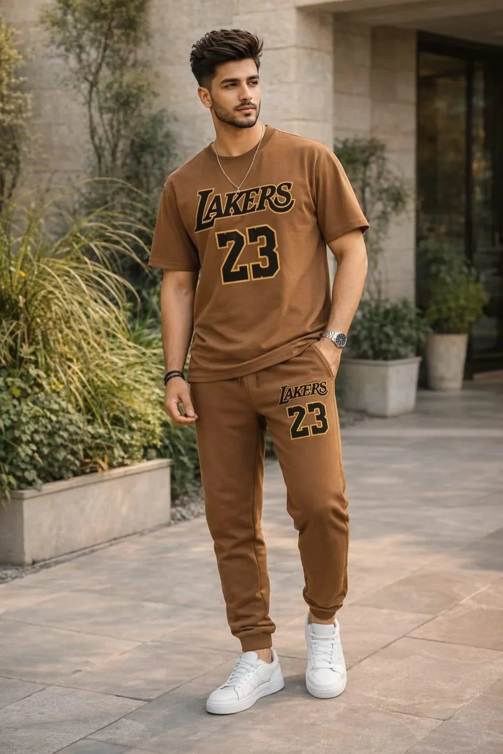 Men Brown Lakers 23 Printed Track Suit Set