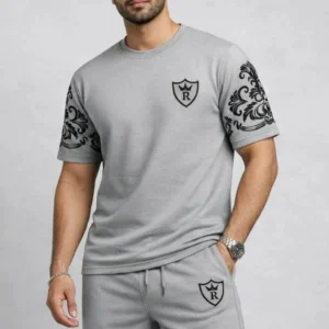 Men Grey Printed Sleeve Track Suit Set Summer Cotton Slim Fit