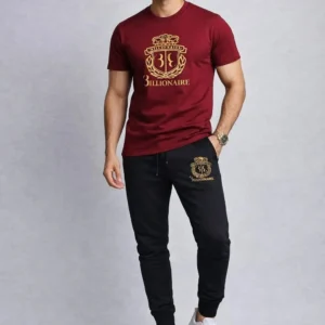 Men Maroon Gold Crest Track Suit Set