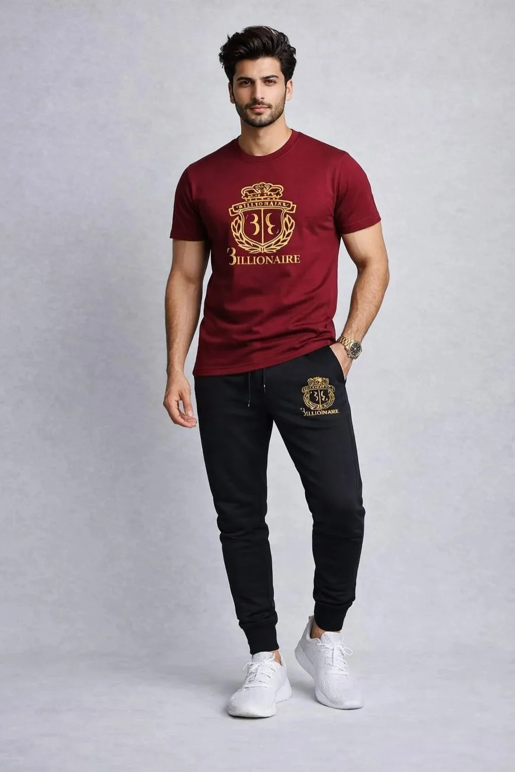 Men Maroon Gold Crest Track Suit Set