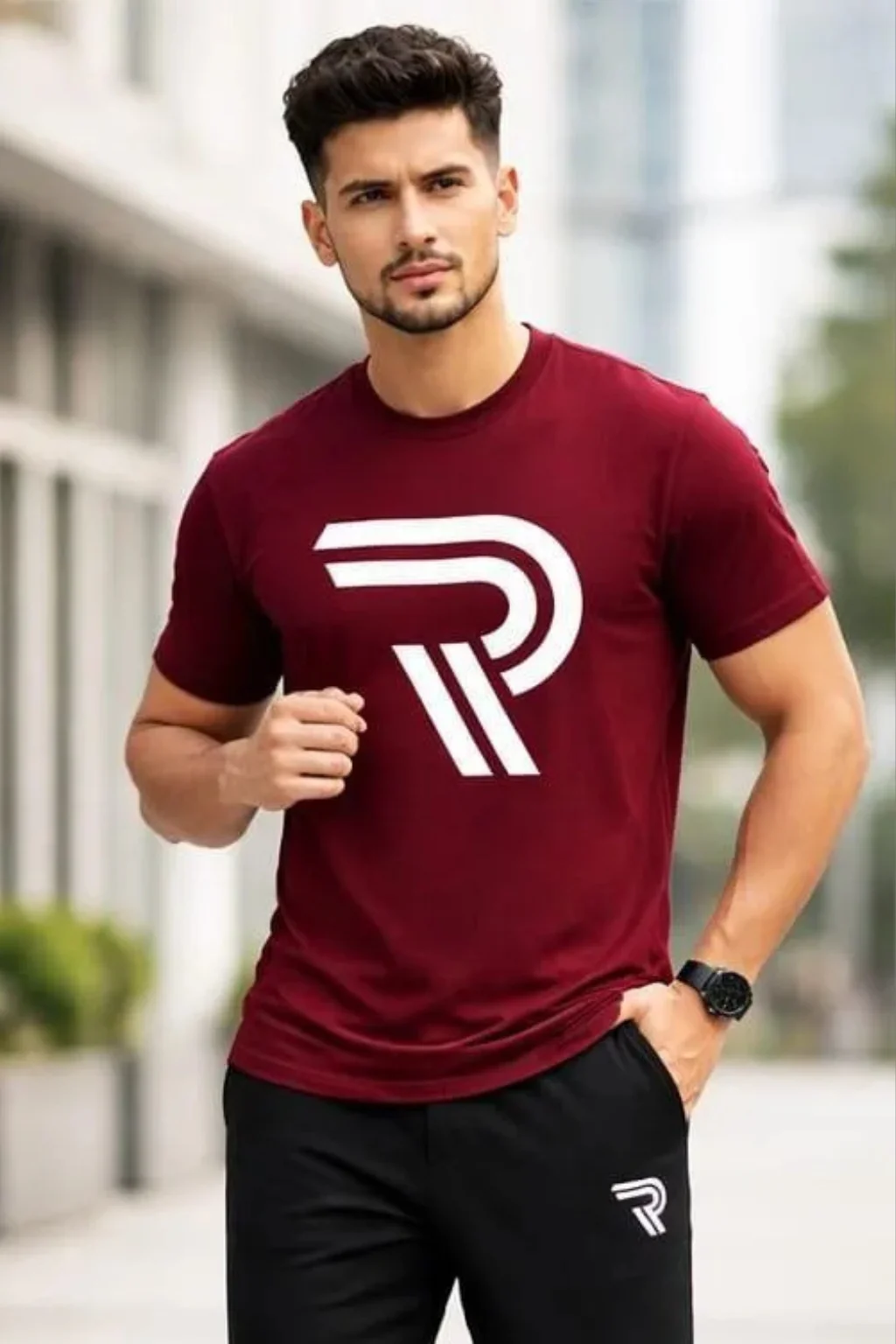 men maroon r logo cotton track suit set