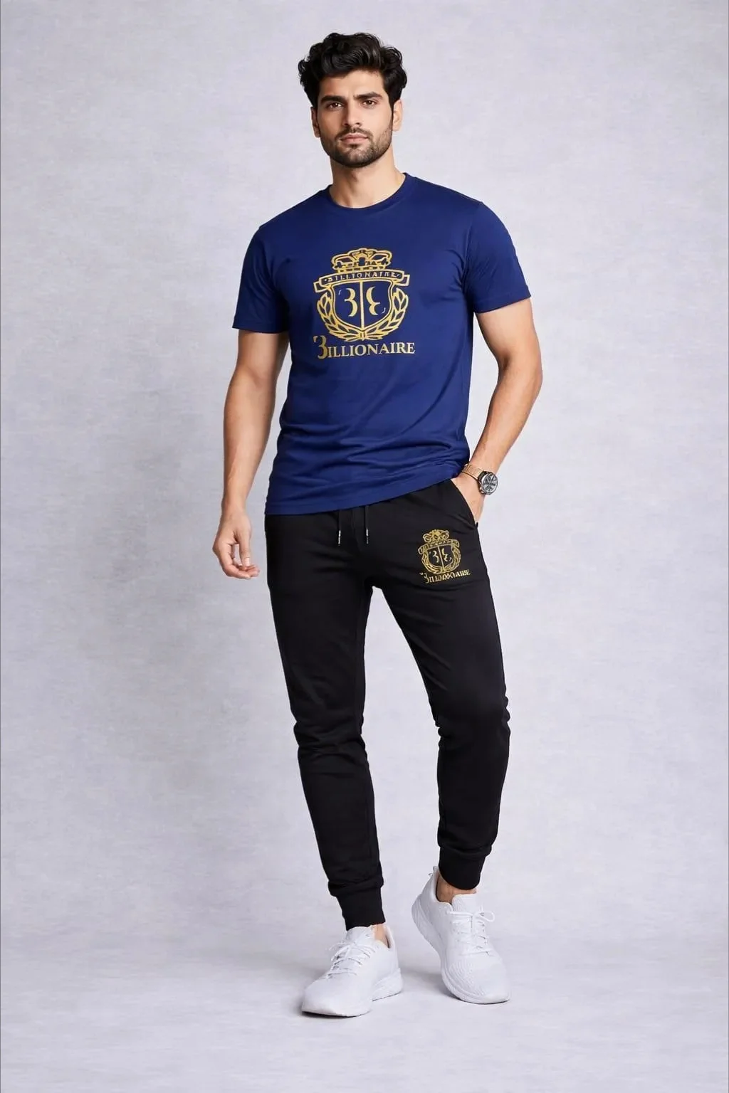 Men Navy Blue Gold Crest Track Suit 2Pcs