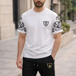 Men Cotton Summer Track suit White Black Logo Sleeve