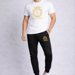 Men White Gold Crest Track Suit 2Pcs Cotton