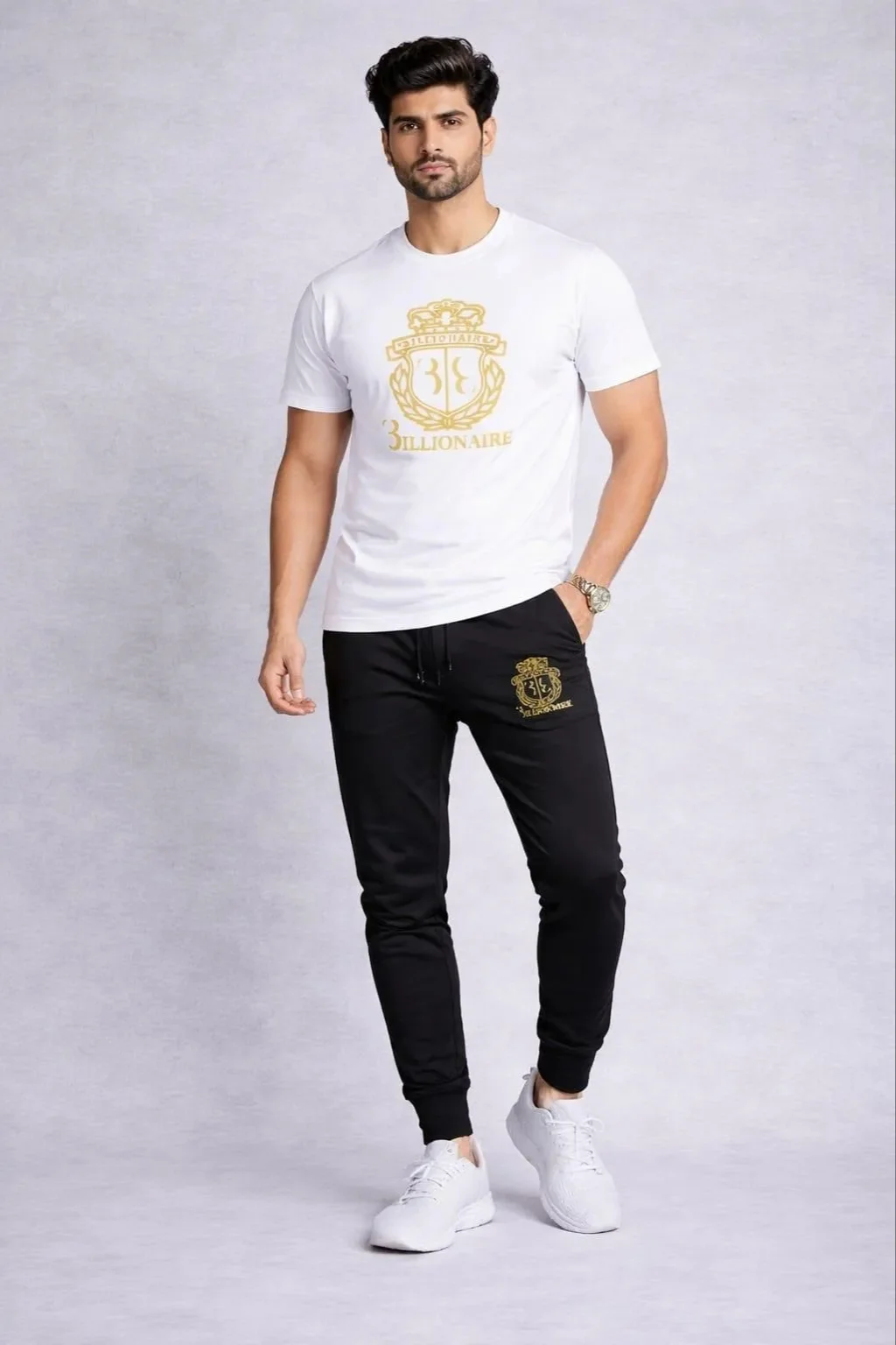 Men White Gold Crest Track Suit 2Pcs Cotton