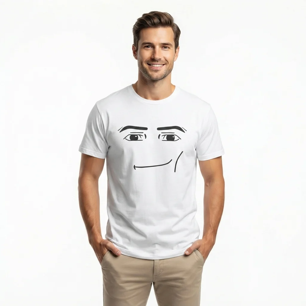 Man in a white t-shirt featuring the Roblox Man Face print