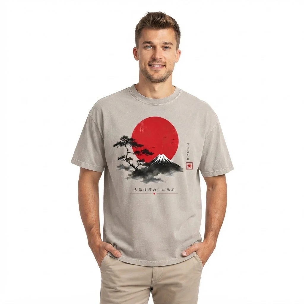 Man wearing a beige Japanese graphic t-shirt with Mount Fuji print