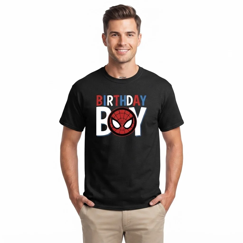 Man wearing a black Spider-Man themed Birthday Boy t-shirt