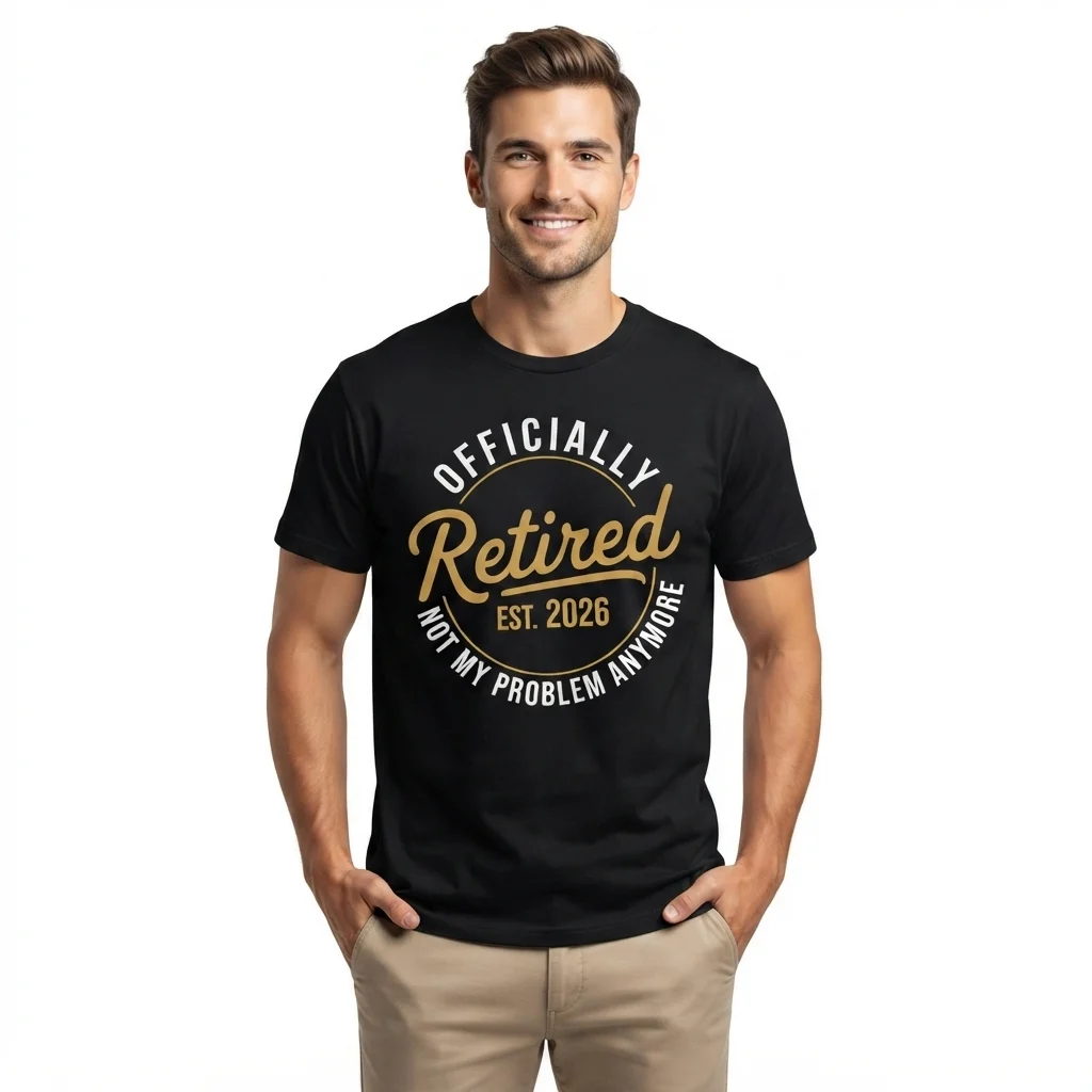 Man wearing a black t-shirt printed with Officially Retired Est. 2026 Not My Problem Anymore
