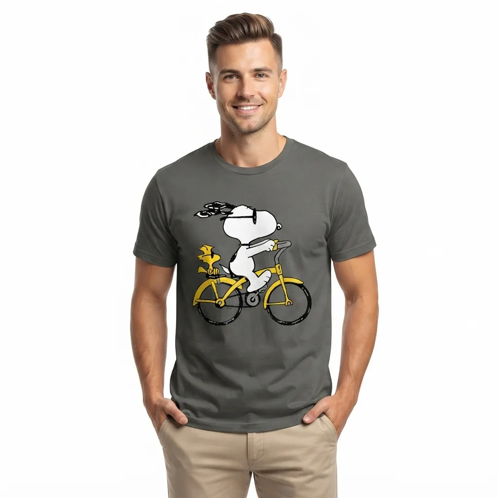 Man wearing a grey t-shirt with a Snoopy bicycle graphic