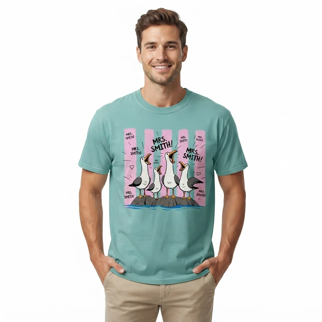 Man wearing a mint green t-shirt with shouting cartoon seagulls