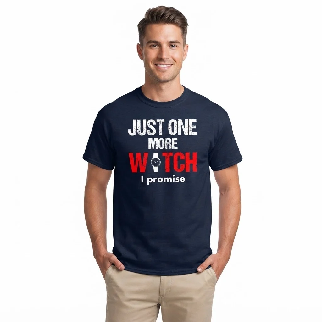 Man wearing a navy blue Just One More Watch t-shirt