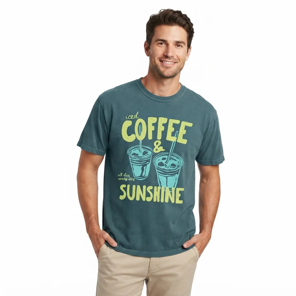 Man wearing a teal t-shirt with an iced coffee graphic