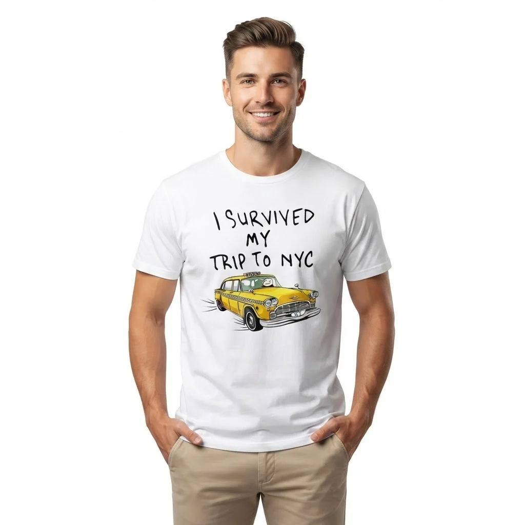 Man wearing a white t-shirt with an NYC yellow taxi graphic