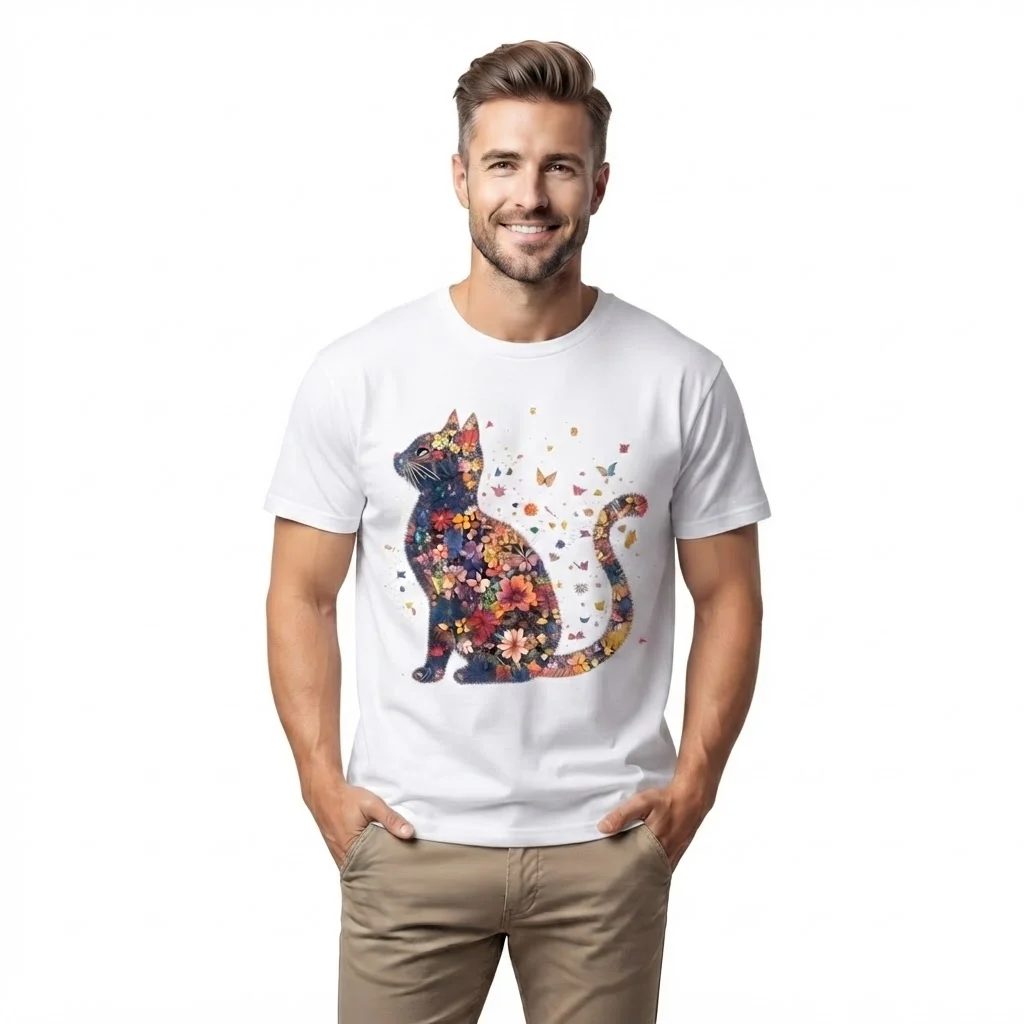 Man wearing a white t-shirt with colorful floral cat print