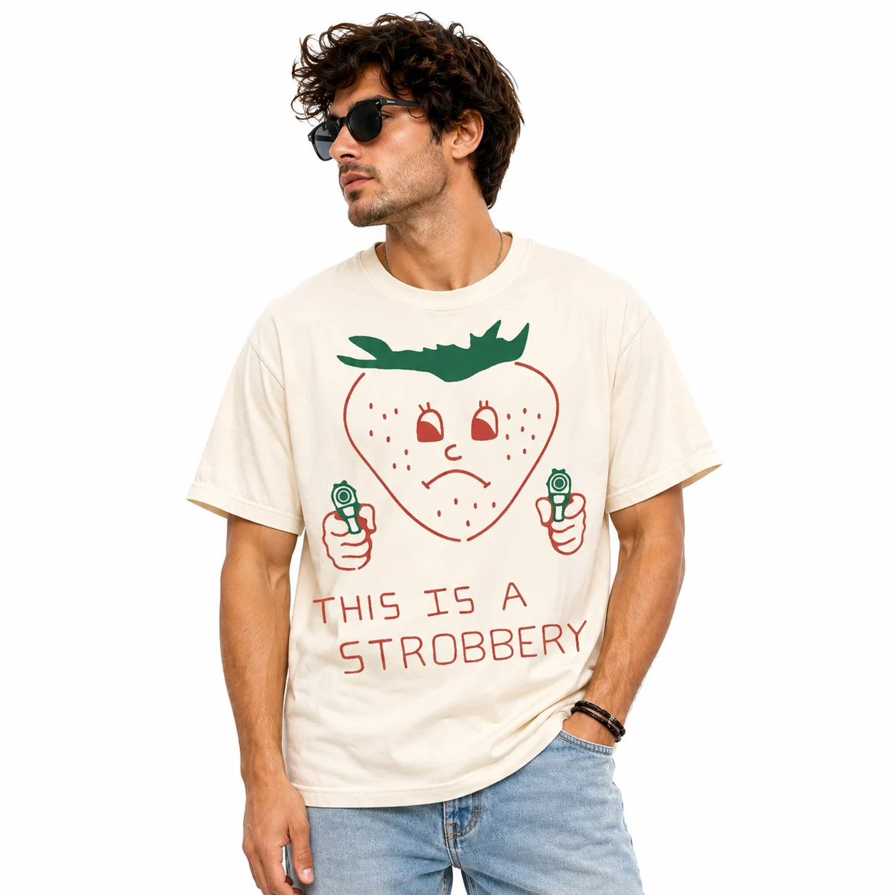 Man wearing a white t-shirt with funny strawberry graphic