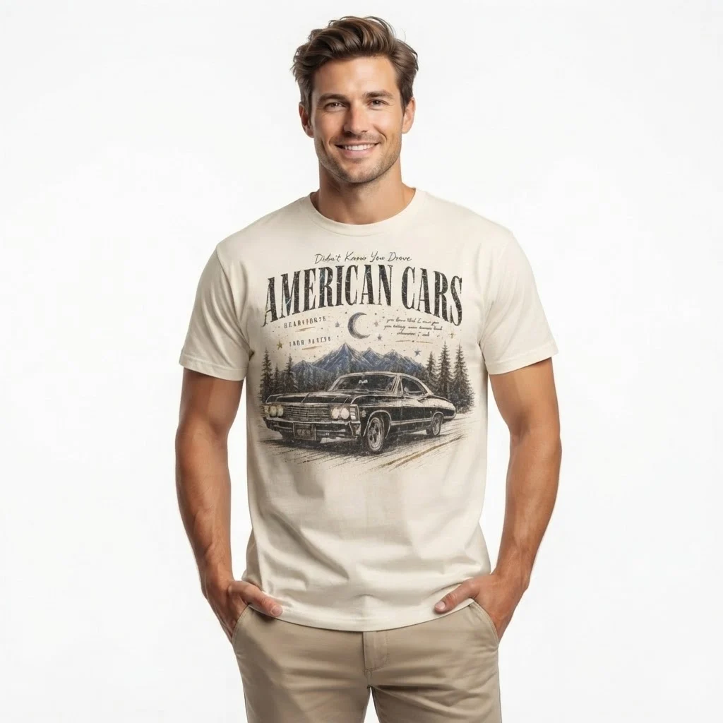 Man wearing a white t-shirt with vintage American car graphic