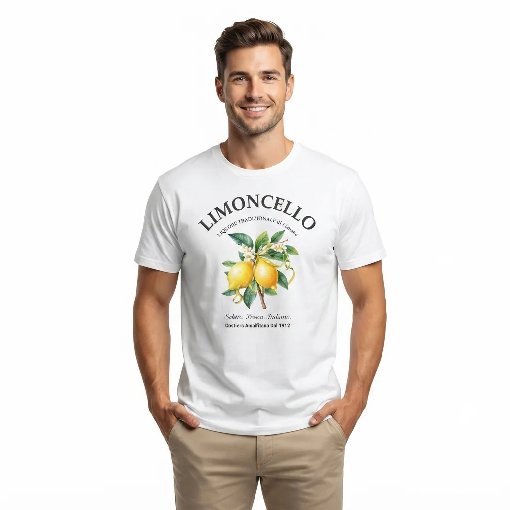 Man wearing a white t-shirt with vintage Limoncello lemon graphic