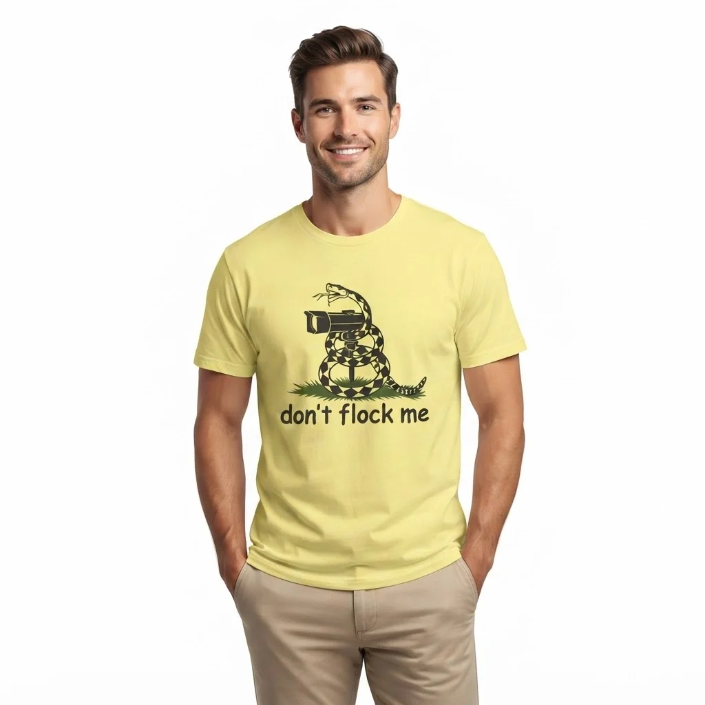Man wearing a yellow t-shirt with a snake graphic.