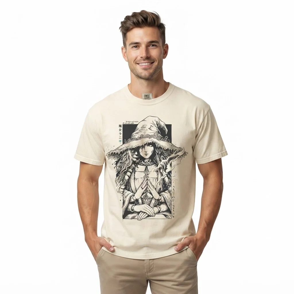 Man wearing an off-white anime witch graphic t-shirt