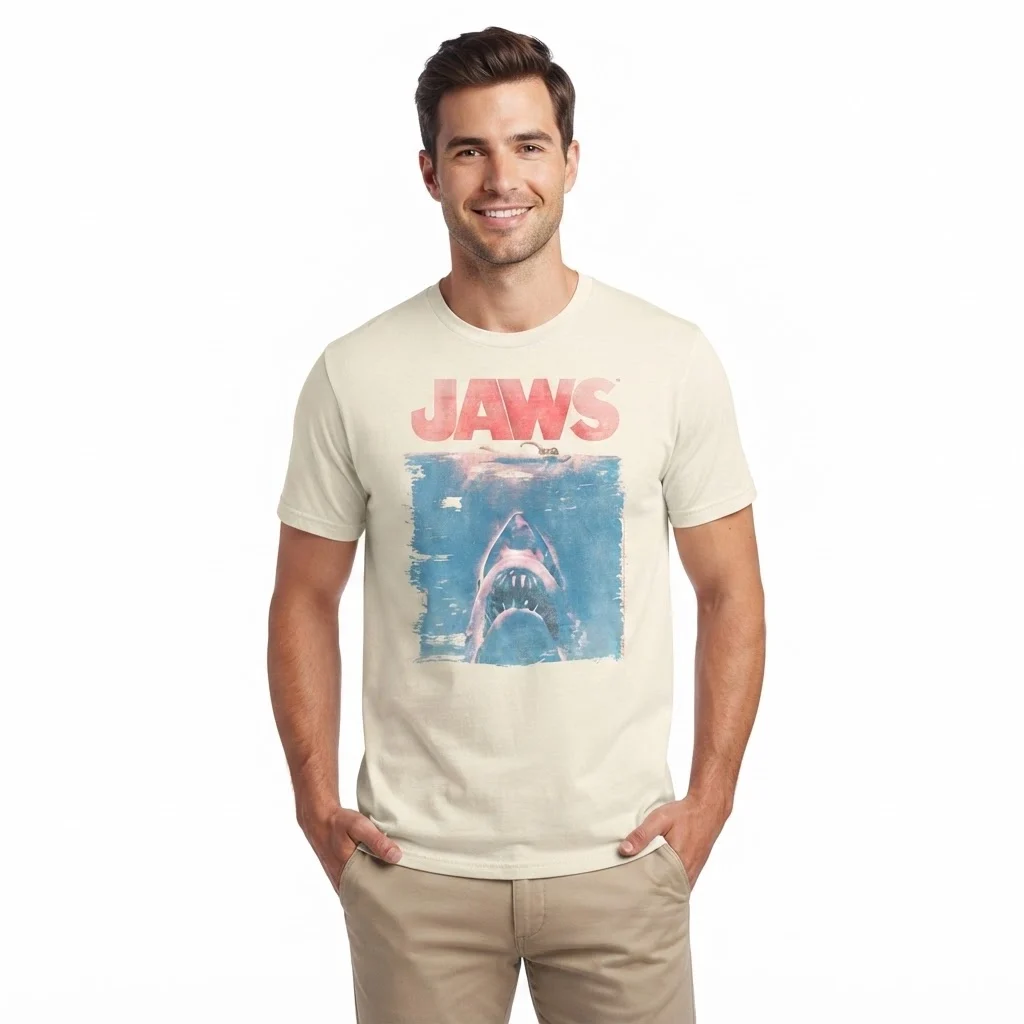 Man wearing an off white Jaws movie graphic print t shirt