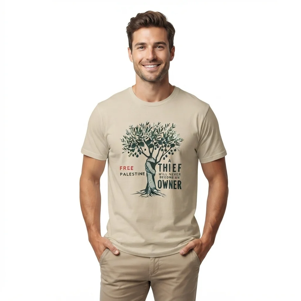 Man wearing beige Free Palestine olive tree graphic t-shirt