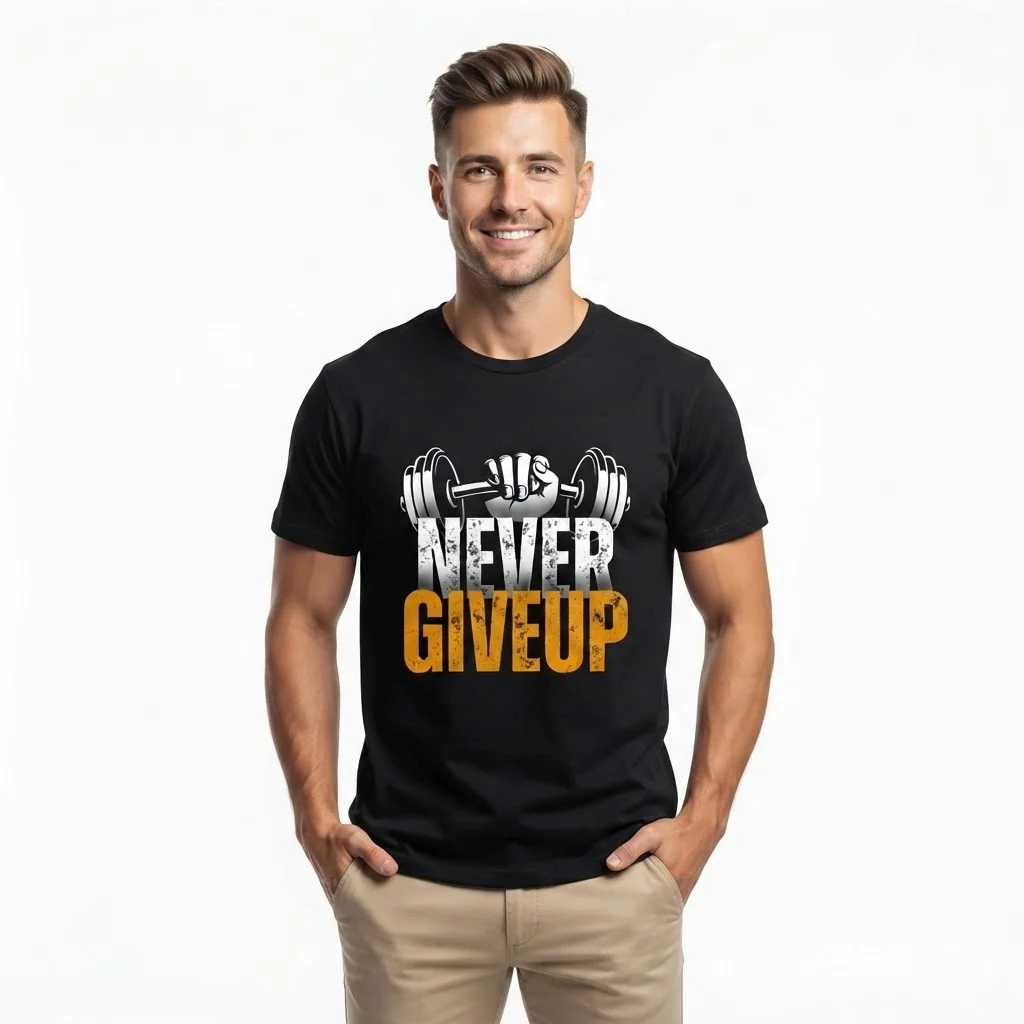 Man wearing black Never Give Up gym graphic t-shirt.