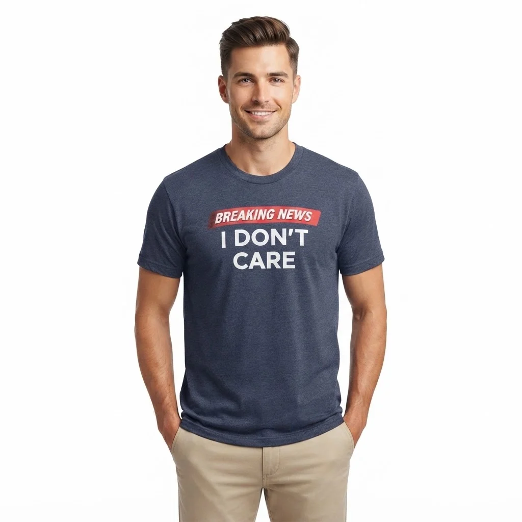 Man wearing blue Breaking News I Don't Care graphic t-shirt