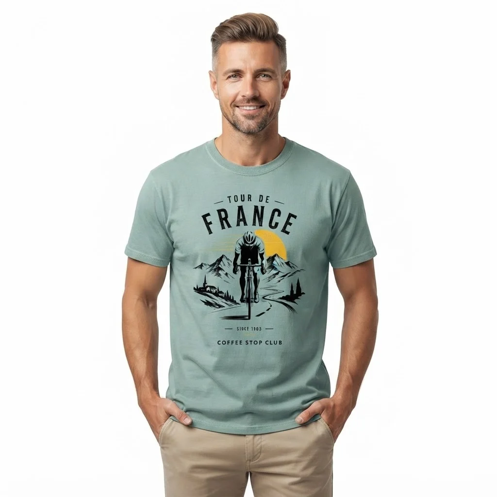 Man wearing olive green cycling graphic t-shirt