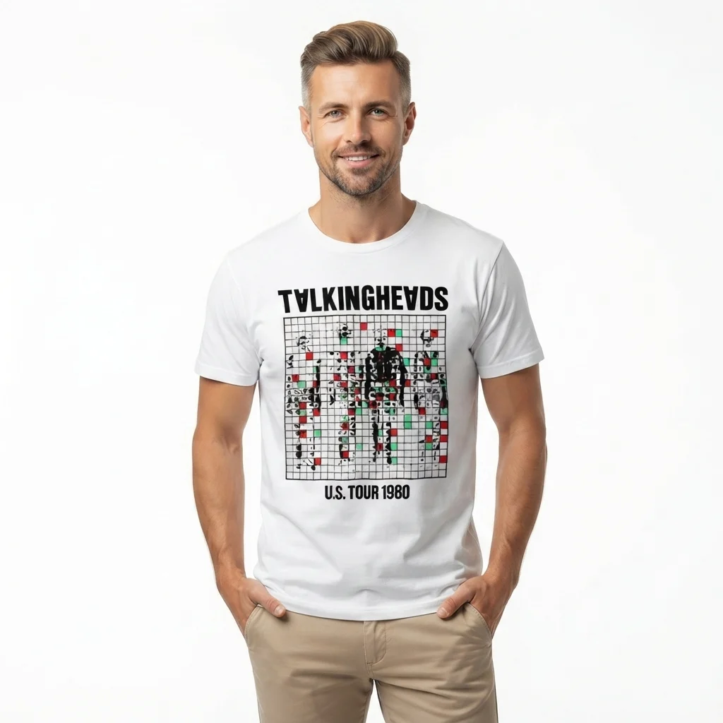 Man wearing white Talking Heads tour graphic print t-shirt