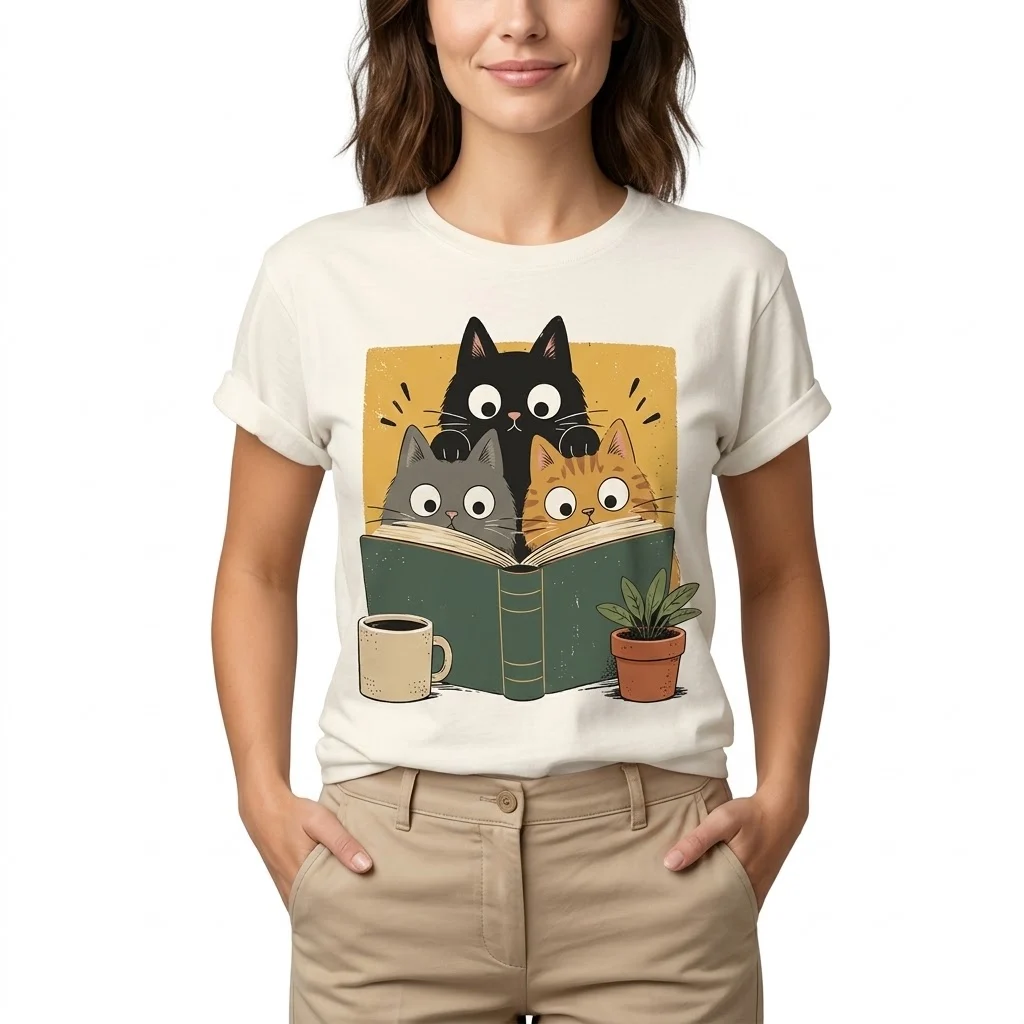 Off-white graphic t-shirt featuring three cartoon cats reading a book