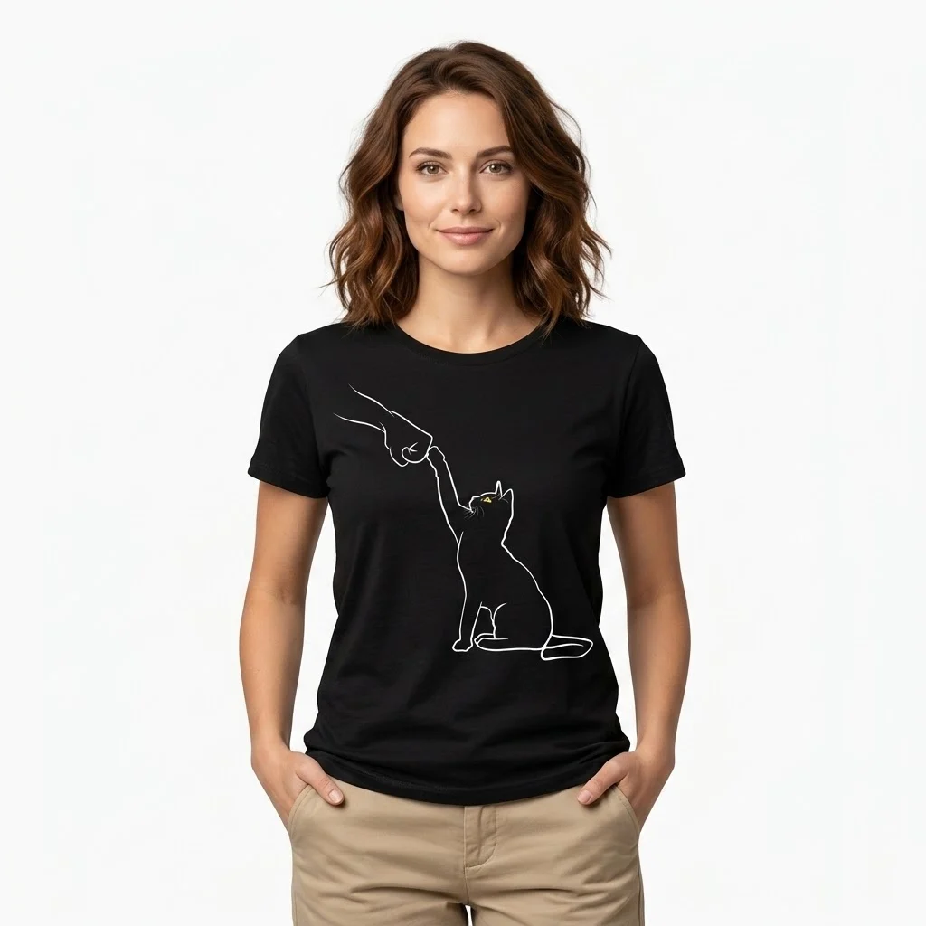 Woman wearing a black t-shirt with cat fist bump graphic