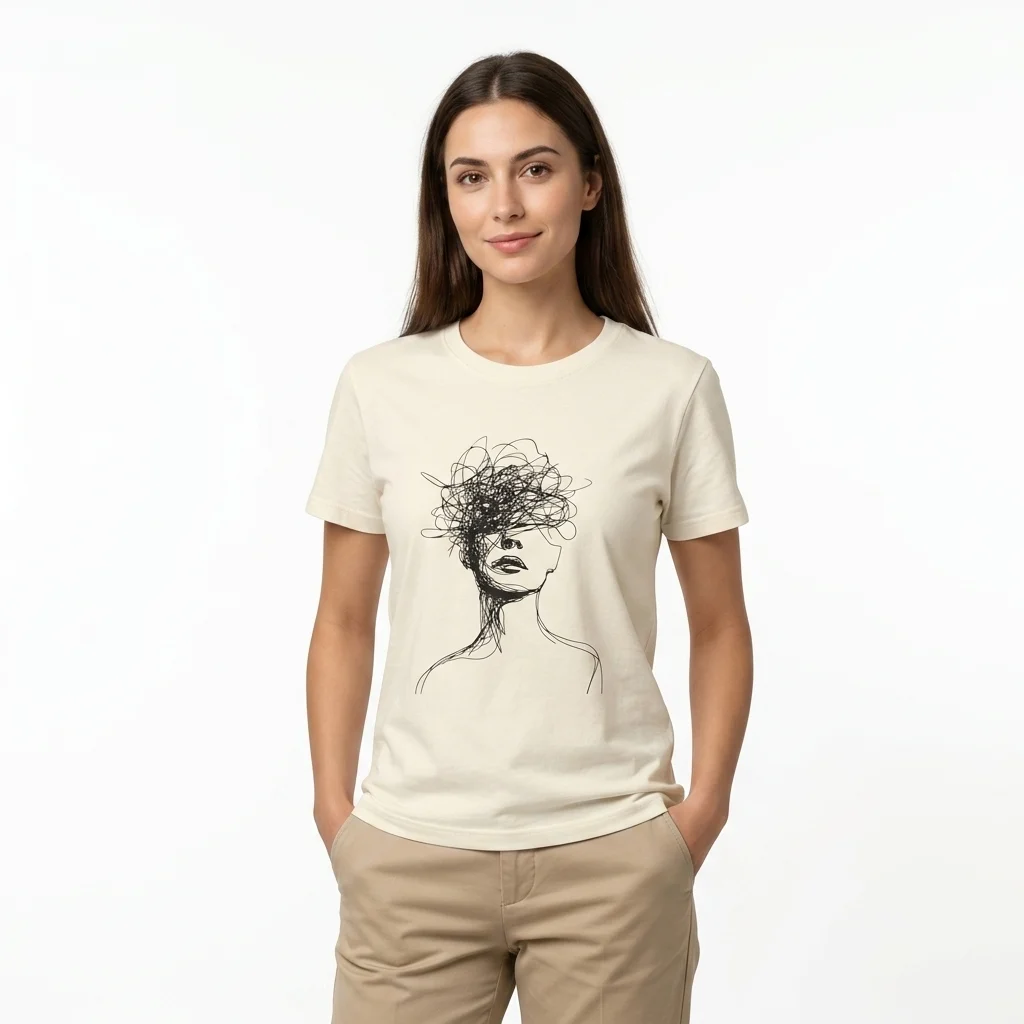 Woman wearing a cream t-shirt with black scribble face line art