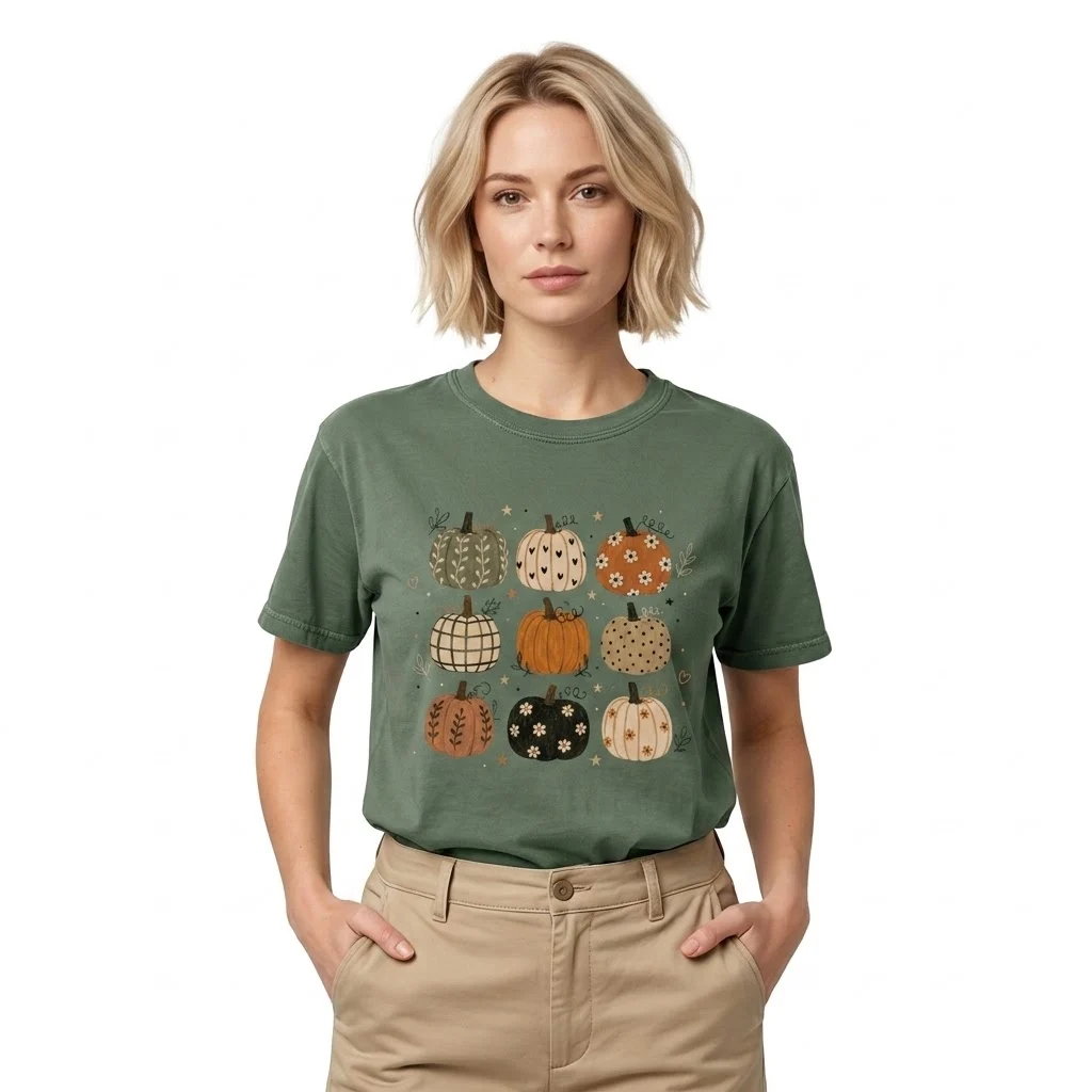 Woman wearing a green t-shirt with patterned pumpkin graphics