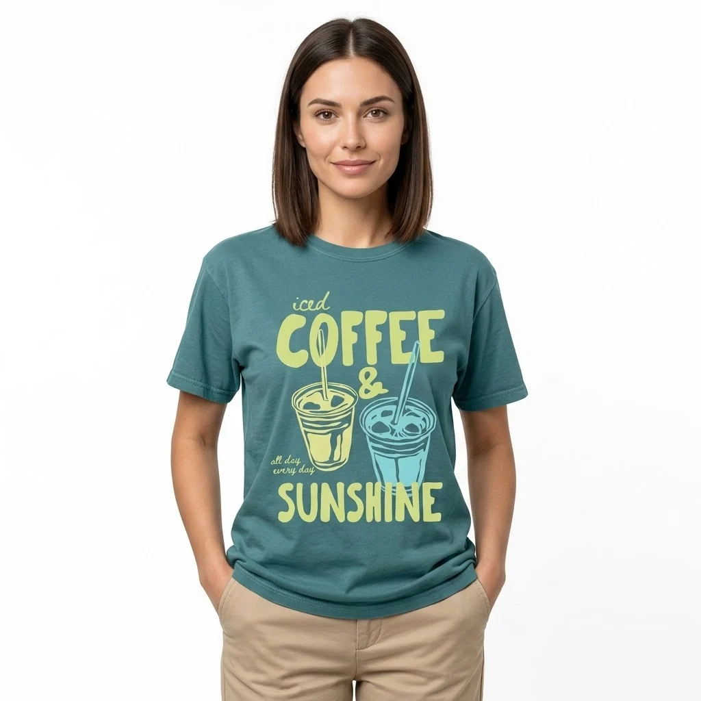 Woman wearing a teal t-shirt with iced coffee print