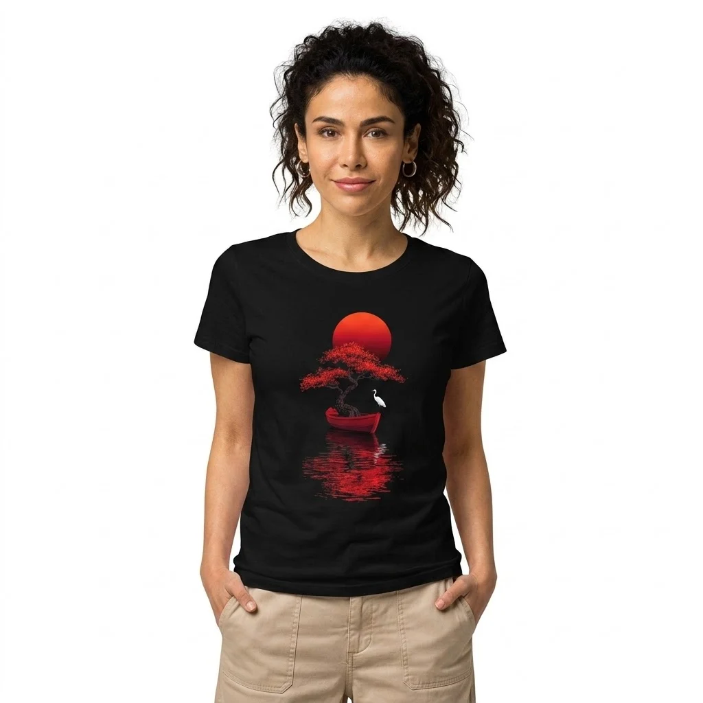 Woman wearing black t-shirt with red bonsai graphic
