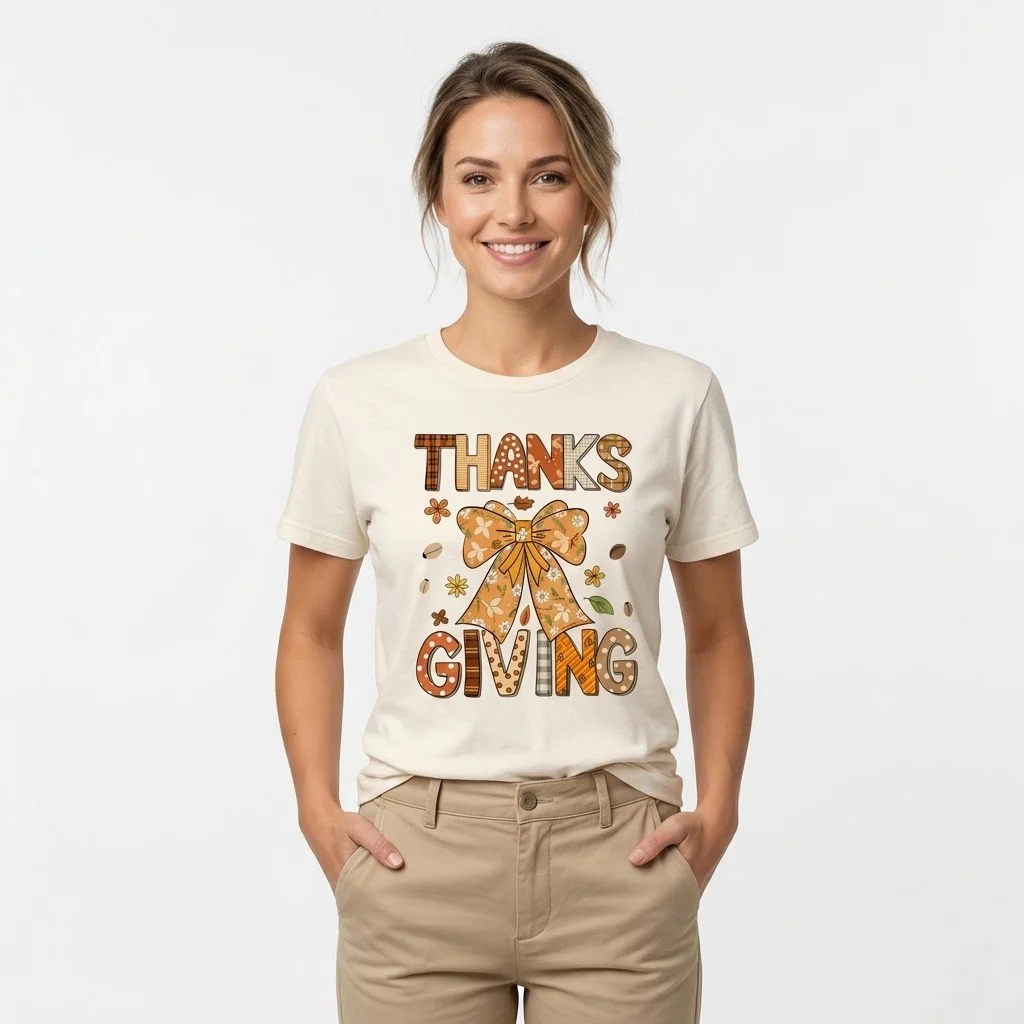 Woman wearing cream Thanksgiving graphic t-shirt with beige trousers