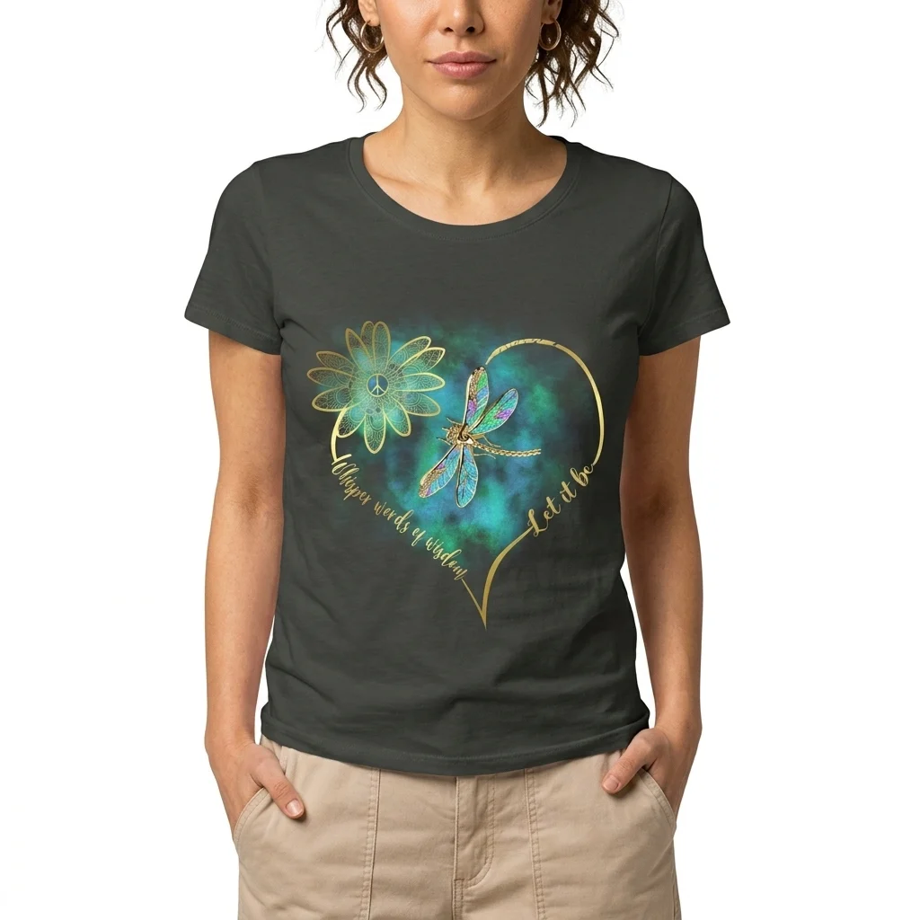 Woman wearing dark grey t-shirt with a colorful dragonfly graphic