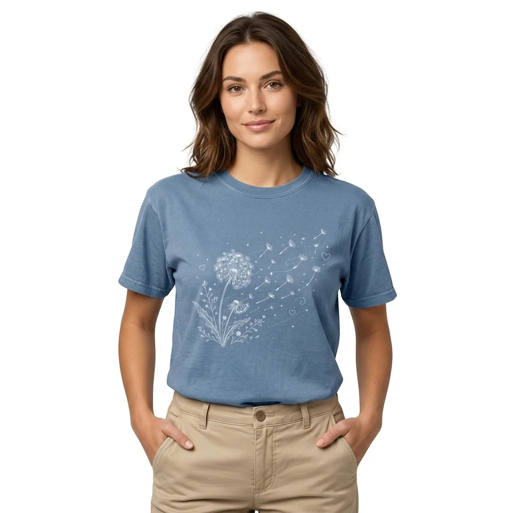 Woman wearing dusty blue dandelion print t-shirt