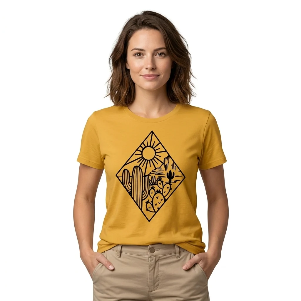 Woman wearing mustard yellow desert cactus graphic t-shirt