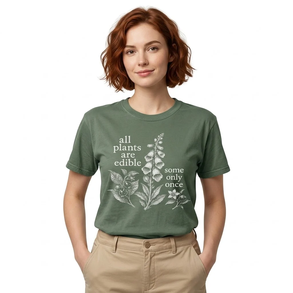 Woman wearing olive green graphic t-shirt with botanical plant print