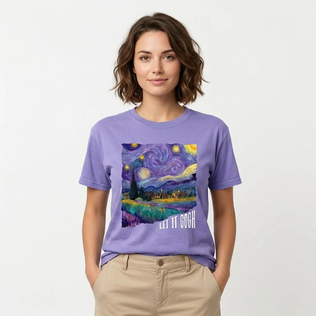 Woman wearing purple Let It Gogh graphic t-shirt